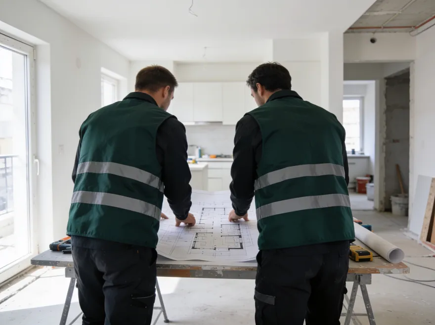 Symbolbild: Projektbesprechung mit Bauplänen auf einer sauberen Baustelle
